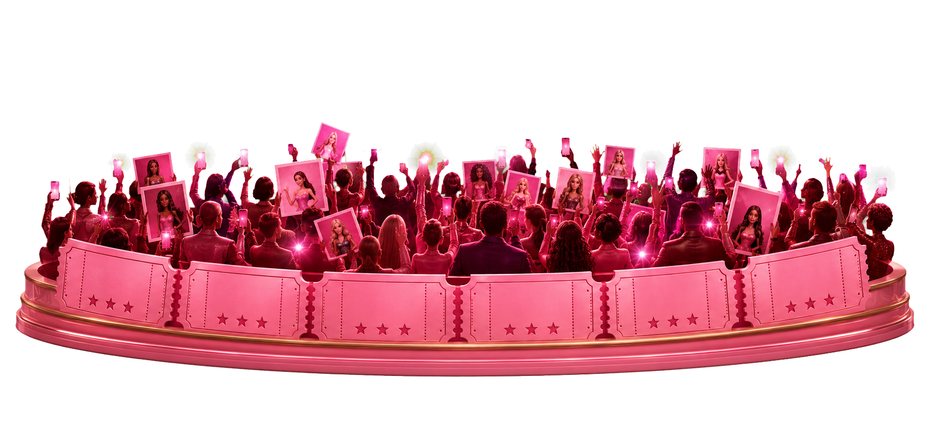 A crowd celebrating together at a pink cinema event