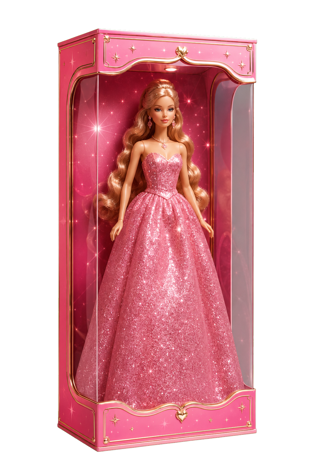 A boxed pink fashion doll