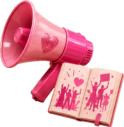 A pink megaphone and notebook