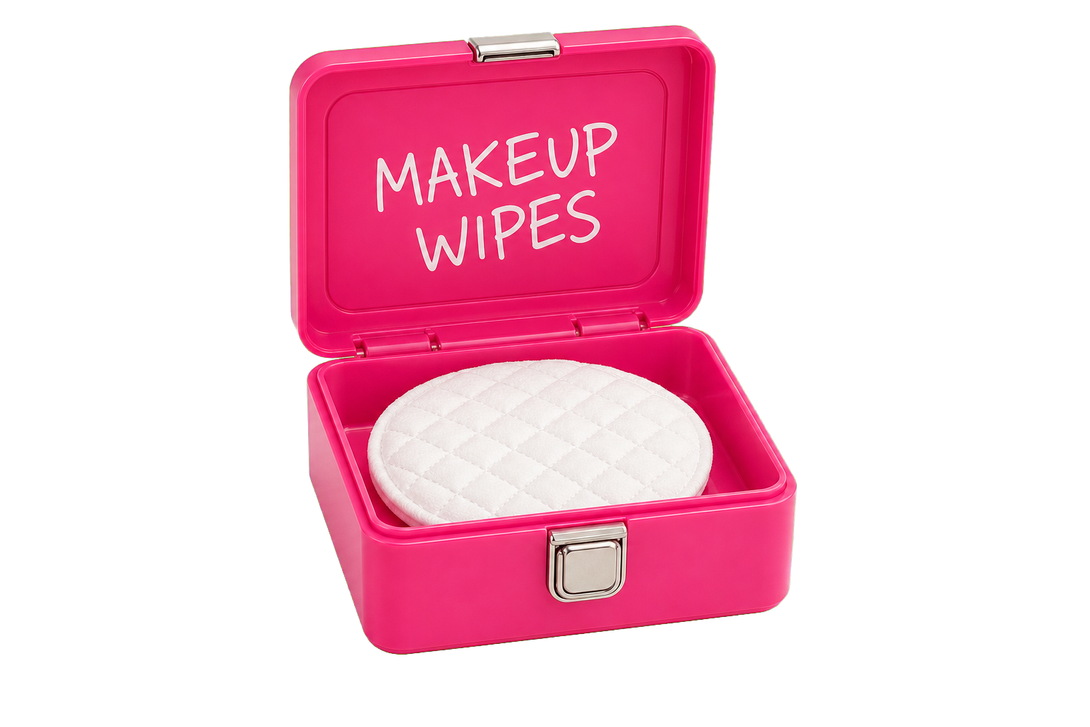 An open pink makeup wipes box containing one white wipe